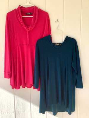 Sympli Size 12 (2) Tunics Poly Jersey Tops Pink & Teal Flowy Funky Artsy