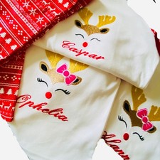 Personalised Christmas Reindeer Pyjamas, Custom Embroidered Kids, Christmas Eve