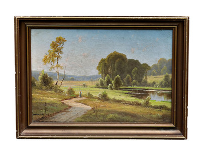Öl auf Leinwand, Alexander Schmidt Landschaft mit Fluss signiert Gemälde