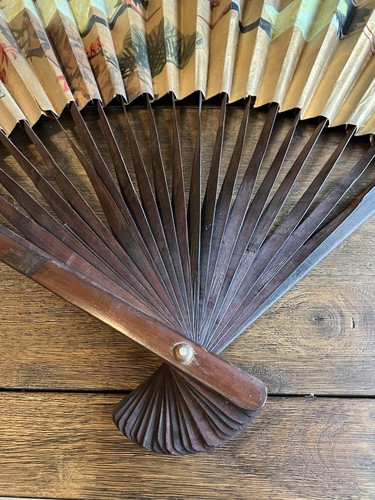 Vintage grande ventilatore giapponese pieghevole decorazione parete gru dipinte a mano oro 45" - Foto 2 di 14