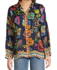 Johnny Was The Audrey Farout Button Down Silk Roll Tab Sleeve Blouse Top M New