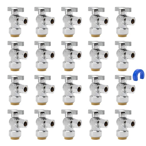 20 Pack Push-Fit Angle Shut Off Valves, 1/2" x 3/8" Compression, Quarter Turn