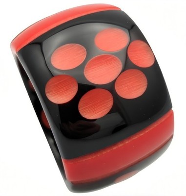 VINTAGE ANTIQUE WIDE CARVED PLASTIC CHERRY RED BAKELITE BRACELET TWO TONE 2 
