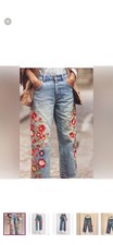 We The Free Willow Floral Embroidered Jeans Blue Relaxed Fit Button Zip