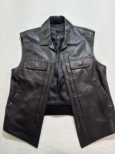 Rag & Bone Vest Mens small Black Leather Biker Snap Front Pockets Perforated