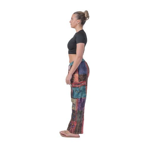 Unisex Hippie Patchwork Cargo Pants Elastic Waist Boho Festival Trousers - Picture 10 of 11