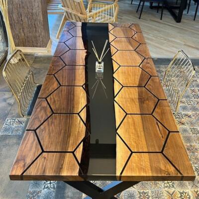 Black Epoxy River Table - Rectangular Live Edge Top - Handcrafted Unique