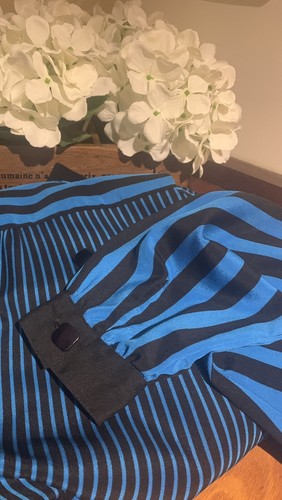 AUTHENTIC VINTAGE PERRI CUTTEN BLACK & BLUE STRIPED DRESS SIZE 10 - Picture 2 of 12