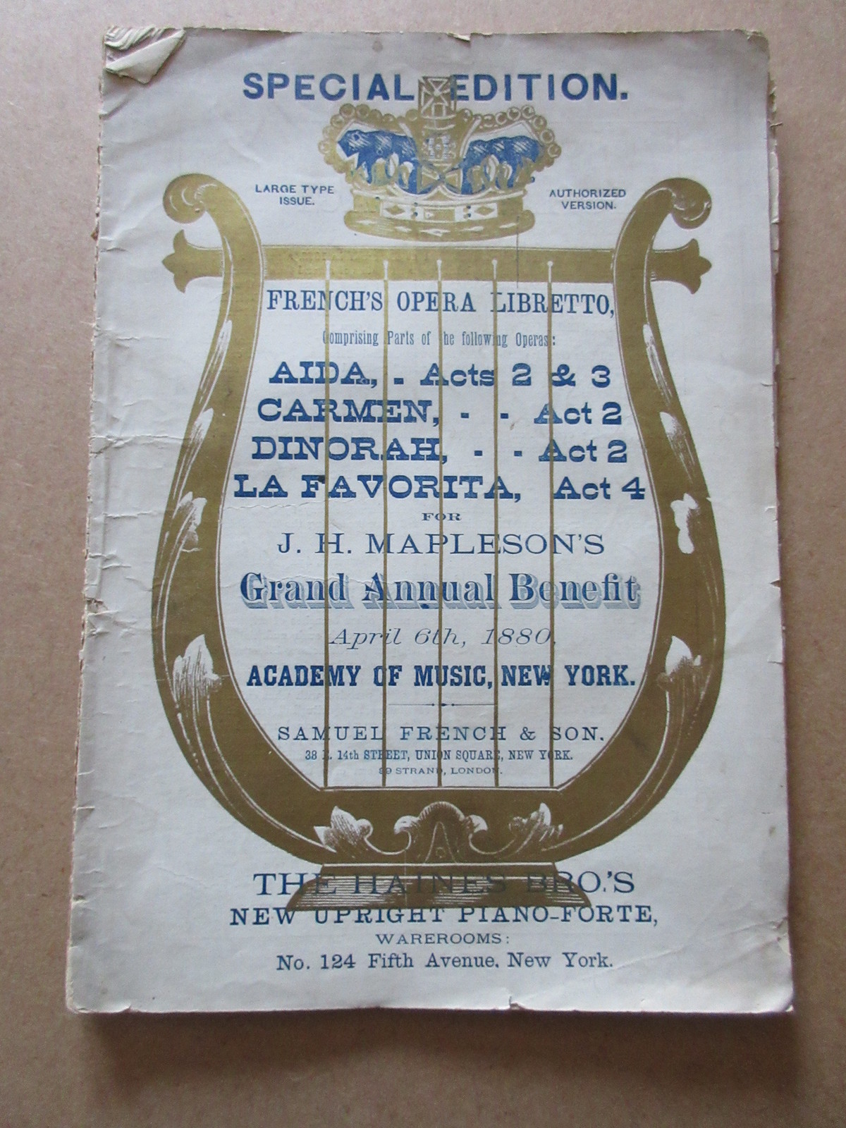 Ópera Francesa AIDA CARMEN DINORAH Gran Beneficio Anual 1880 Academia de Música