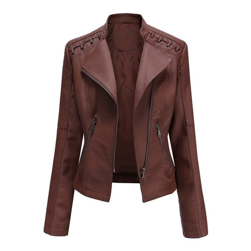 Women's Faux Leather Motorcycle Jacket Slim Fit Short Casual Lightweight Coat - Picture 28 of 101