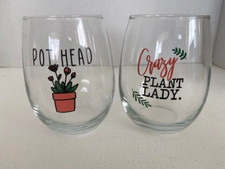 On The Rox Set of 2 "POT HEAD" & "CRAZY PLANT LADY"  Stemless 12 Oz Wine Glasses