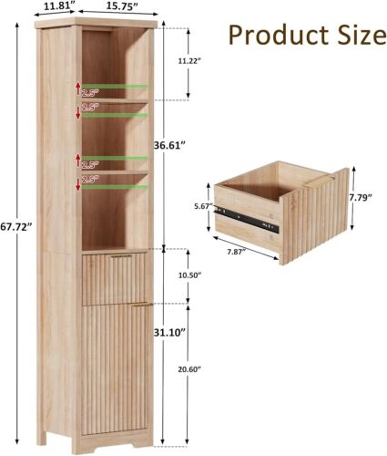 Narrow Bathroom Storage Cabinet,, Adjustable Shelves and Drawers, Natural Oak - Picture 2 of 8