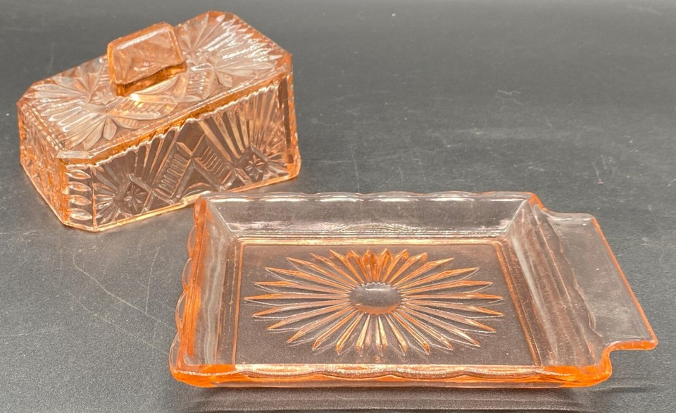 PINK GLASS BUTTER/CHEESE COVERED DISH 7.5" X 5.5" X 3" TALL, UNBRANDED