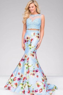 jovani blue and white floral dress Jovani 43341 Long Prom Dress Off White/Denim / 12 main image 0
