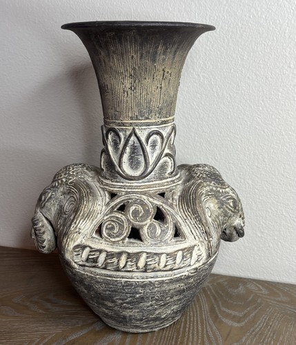 Pier 1 Vase Two Headed Elephant 13.5” Hand Made Pottery Cream Beige Vase EUC