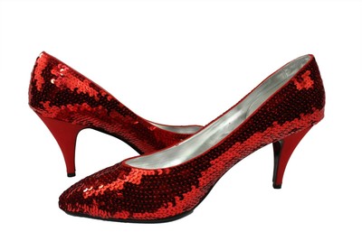 red sequin pumps