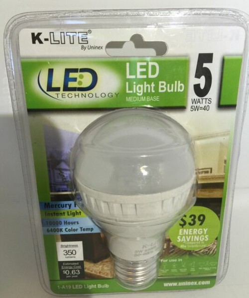KLite LED Light Bulb Medium Base 5 Watts 350 Lumens 6400k 120v 5060hz