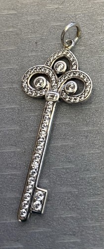 Sterling Silver CZ Crystal Key Charm Pendant solid 925 fleur de lis 1-5/8" - Picture 4 of 7