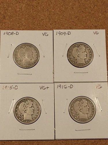 1908-D, 1909-D, 1915-D & 1916-D Barber Quarters, VG/VG+