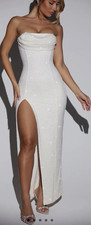 Oh polly Strapless White Sequin Beaded Maxi D...