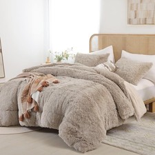 Smoofy King 3pc Shaggy Faux Fur Comforter Set Ultra Soft All Season Bed Oatmeal