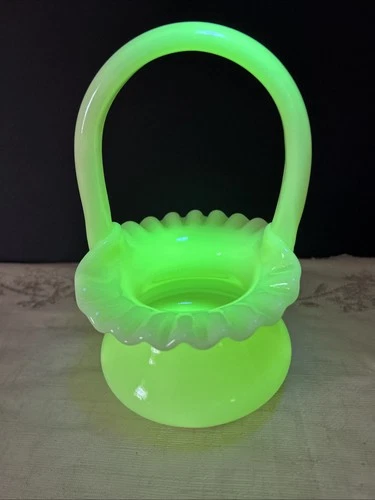 Rare Fenton Glossy Milk Glass Green Uranium Ruffled Handled Basket 8"
