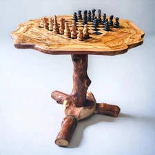 Rustic Olive Wood Handmade Chess Table Board Set With Stand - Unique Game Gift