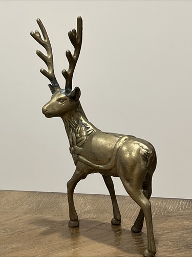 Vintage Brass Deer Buck Statue Standing Antlers Head Up Flower Wreath 8" MCM - Picture 8 of 24