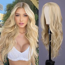 Mixed Blonde Long Wave Wig for Women -26inch Middle Part Long Curly Wig Heat ...