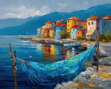 Leonid Afremov SEASIDE VILLAGE Oil Painting 24"x20" by Official Studio GICLEE