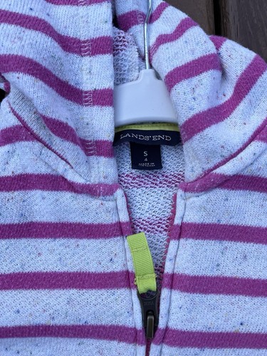 Lands End Girls Full Zip Pink Hoodie Sz 4 Striped Heart Pockets Hearts Stripes - Picture 8 of 8