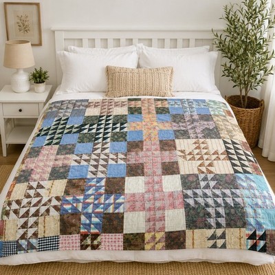Vtg Handmade Patchwork Quilt Reversible 74x69 Farmhouse Throw Machine Stitch