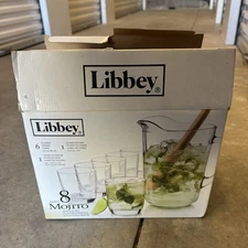 Libbey 8 piece Mojito Serving Set Barware Glass Pitcher 6 Glasses Wood Muddler