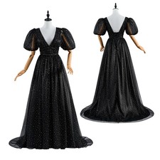 Victorian Gothic Black Sequined Mesh Dress Vintage Tulle Short Puff Sleeves