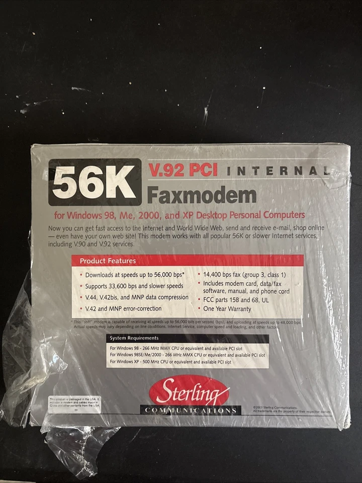 Vintage Sterling S20-03D Model S20 V.92 PCI Internal Faxmodem New Sealed 56K - Image 2 of 2