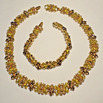 Krone Trifari Gelb Braune Ab Cluster Strass Kristalle Armband Halskette Set