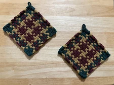Handmade 2 Cotton Woven Potholders 3 Colors Pine Ochre Gold Burgundy Christmas
