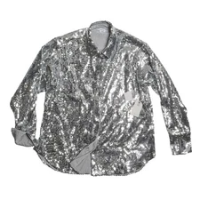 Good American Sequin Buttondown Party Shirt GWT0178 Silver 001 Size 4