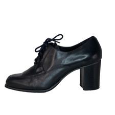 Vintage 1990s black booties 7 7.5 ankle block heel genuine leather tie lace up