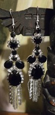 Vintage Chandelier Drop Earrings faceted black & clear crystal floral Repaired