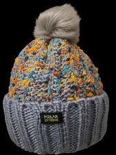 ​Polar Extreme Chunky Knit Beanie Hat Gray Confetti Pom Pom Cuff Warm Winter Ski