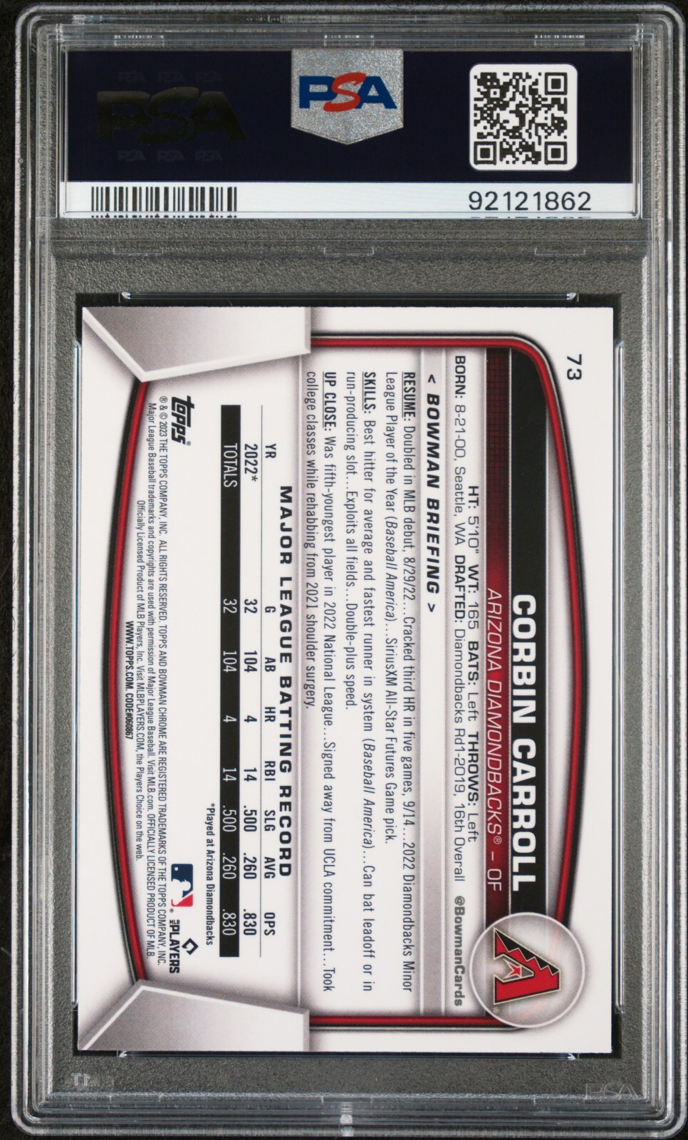 2023 Bowman Chrome Mega Box CORBIN CARROLL RC PSA 10 GEM MINT Mojo Refractor view 2
