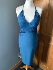 Lipsy teal halter neckline dress size 10 Open Lace Appliqué Ruched
