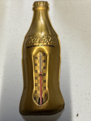 Vintage Coca Cola Bottle Thermometer Gold Metal Tin Coke 7'' Soda Pop Advertising