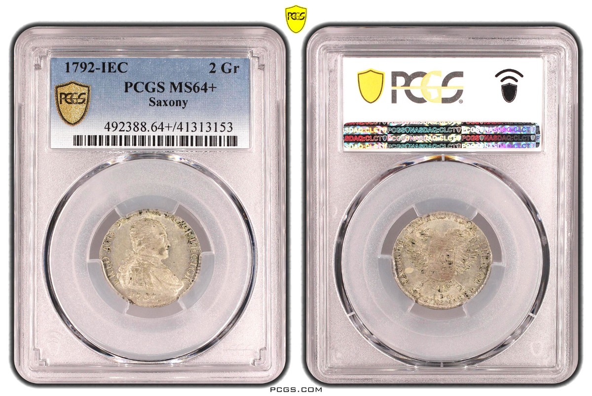 ミント3 SAXONY Friedrich August III 2 Groschen (1/12 Taler) 1792-IEC PCGS