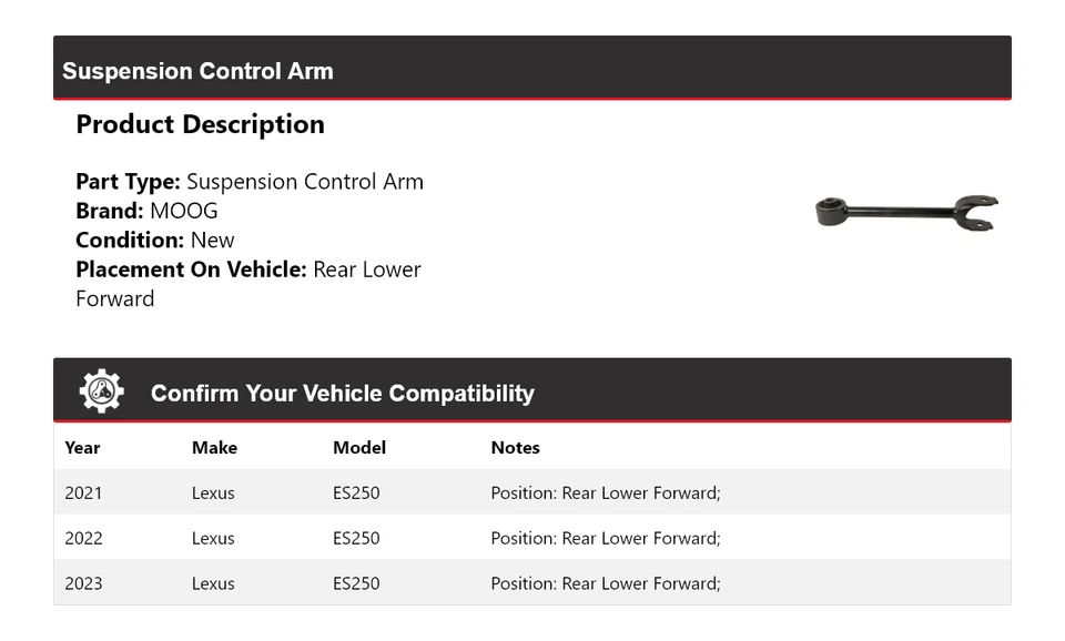 Brazo de control de suspensión trasero delantero inferior MOOG 2021-2023 para Lexus ES250 Foto 2 de 4