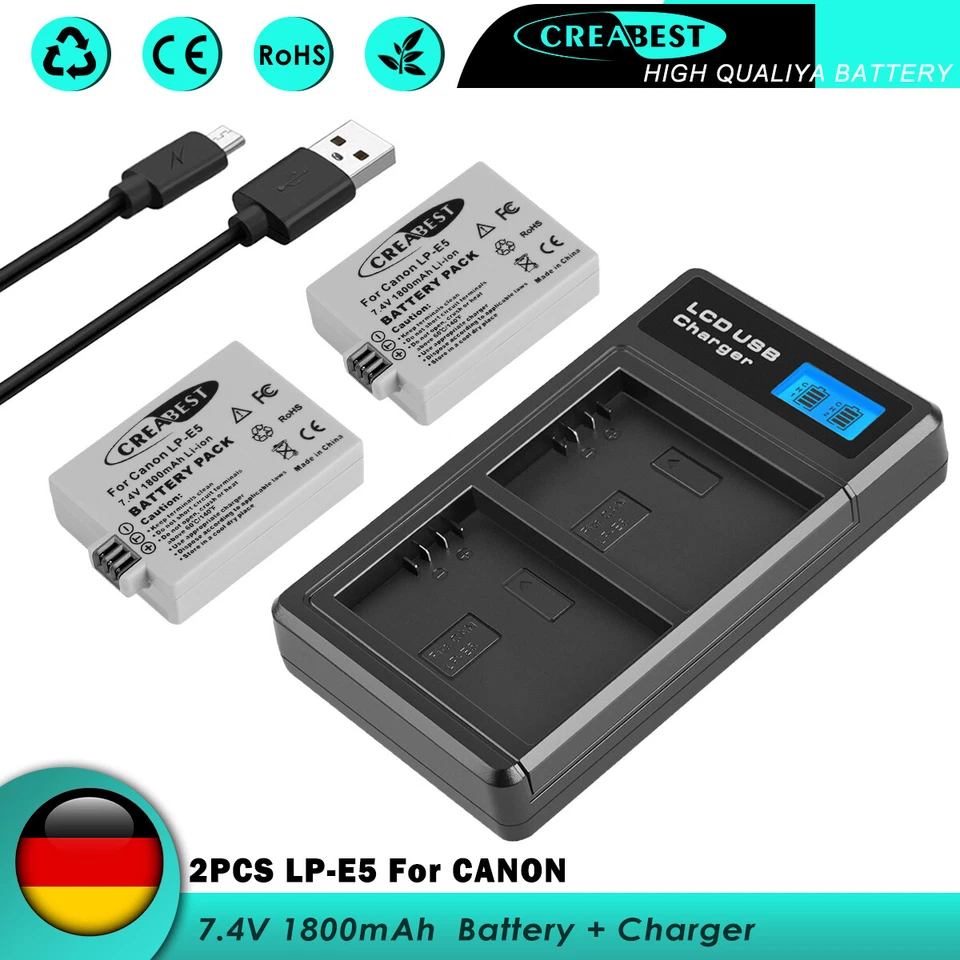 CREABEST 2× LP-E5 Akku Batterie + Ladegerät Für Canon EOS 450D 500D 1000D Rebel T1i XS X3