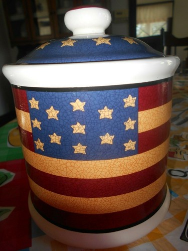 Liberty Canister 6" H (with lid) Jay Import Company Stoneware White Blue Red ! - Picture 8 of 11