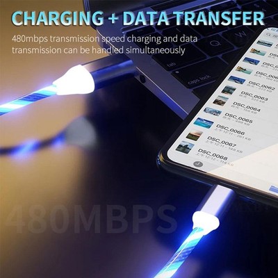 Android/TypeC Fast Charging Cable LED Luminous Glow USB Flowing Cable A US
