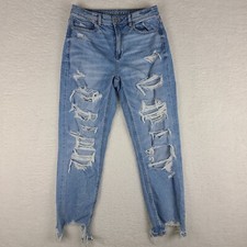 American Eagle Jeans Womens 6 Blue Mom Jean Stretch Distress Fray Light Wash